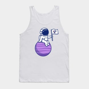 Cute Astronaut Sitting On Planet Holding Flag Tank Top